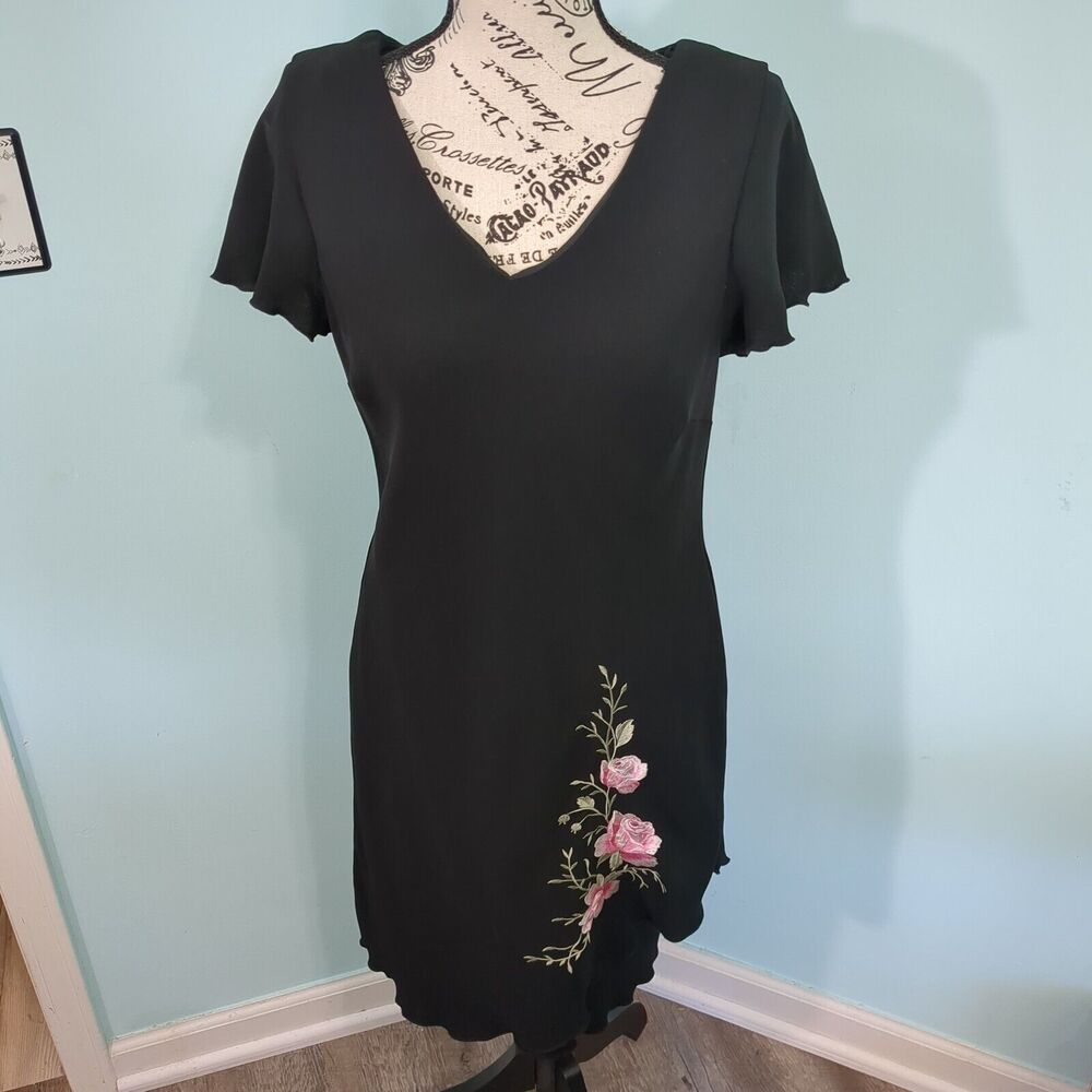 Vtg 90’s Dress Y2K Floral Black V Neck Midi Black 12 p Witchy Grunge Goth Emo